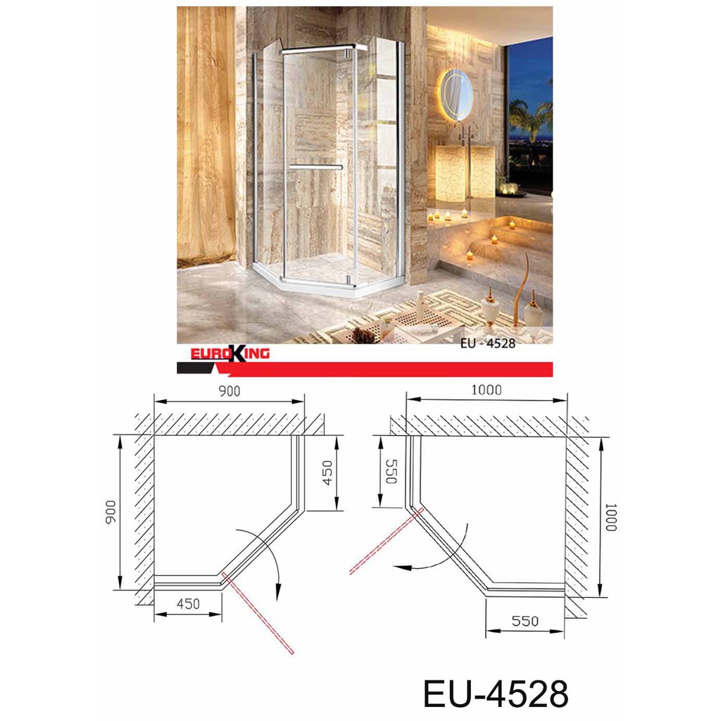 Phòng tắm vách kính Euroking EU- 4528, kính cường lực, bảo hành 2 năm