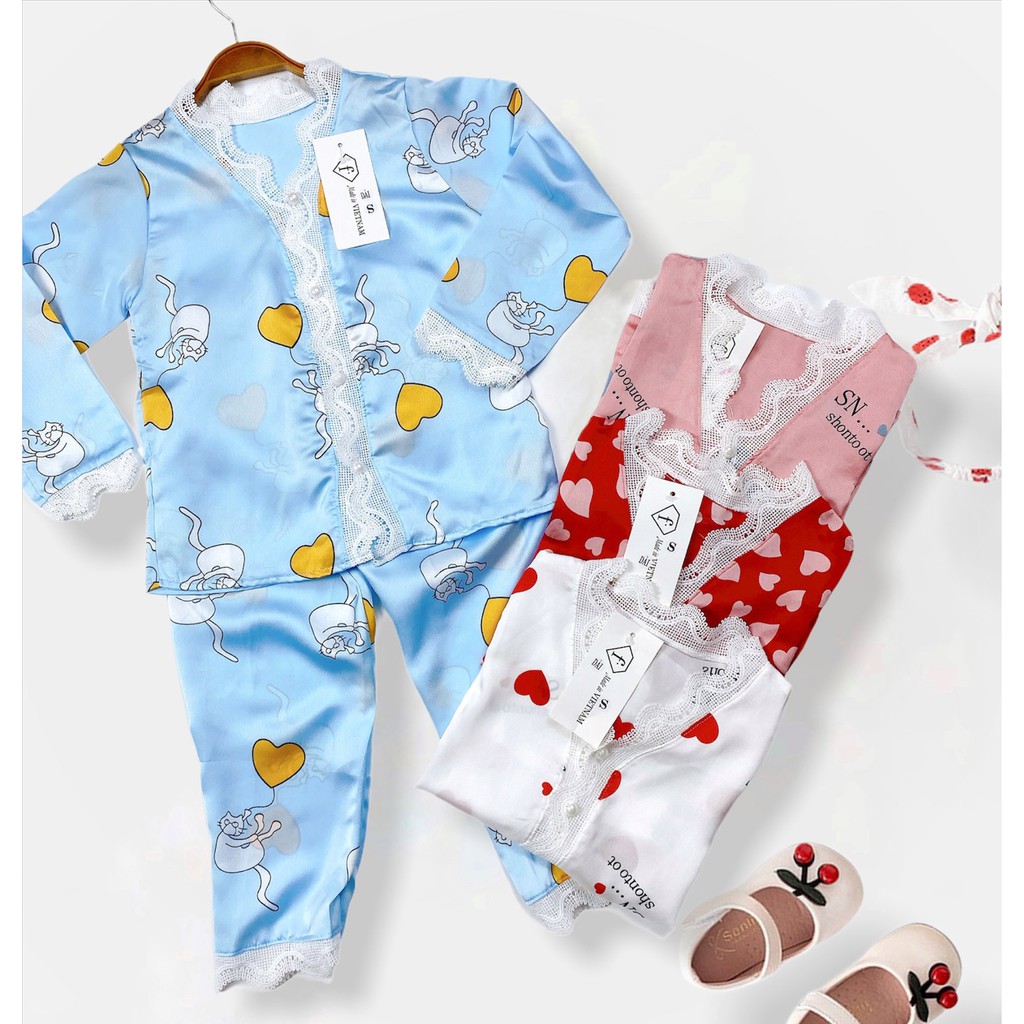 Bộ Đồ Ngủ Pijama Lụa Satin Siêu Xinh Dài Tay Mềm Mịn Cho Bé Gái BN24