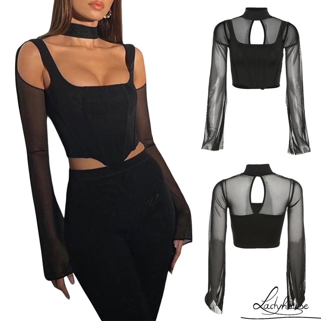 Áo Thun Tay Dài Dáng Ngắn Khoét Lỗ Hở Rốn Màu Trơn Cho Nữ