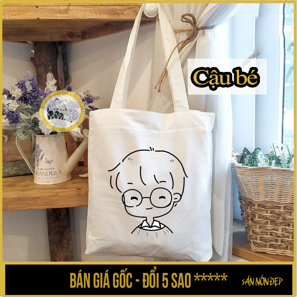 [Mã FASHIONT4WA2 giảm 10K đơn 50K] Túi vải canvas, có khóa kéo in hình cô bé, cậu bé CUTE - Săn Nón Đẹpp