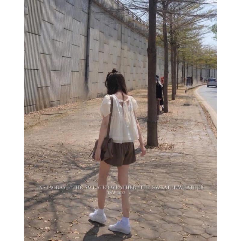 Set bộ áo babydoll tay bồng nơ lưng chất voan tơ và quần ống rộng cạp cao, set bộ tiểu thư