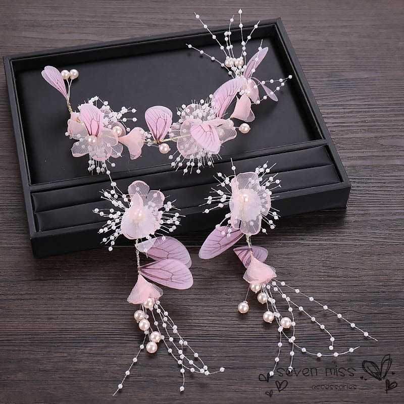 Set khuyên tai kèm cài tóc hoa đính ngọc trai xinh xắn cho cô dâu