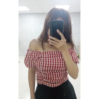 Áo trễ vai croptop nữ UNNIE ngắn tay bồng họa tiết caro.(Hình Thật)