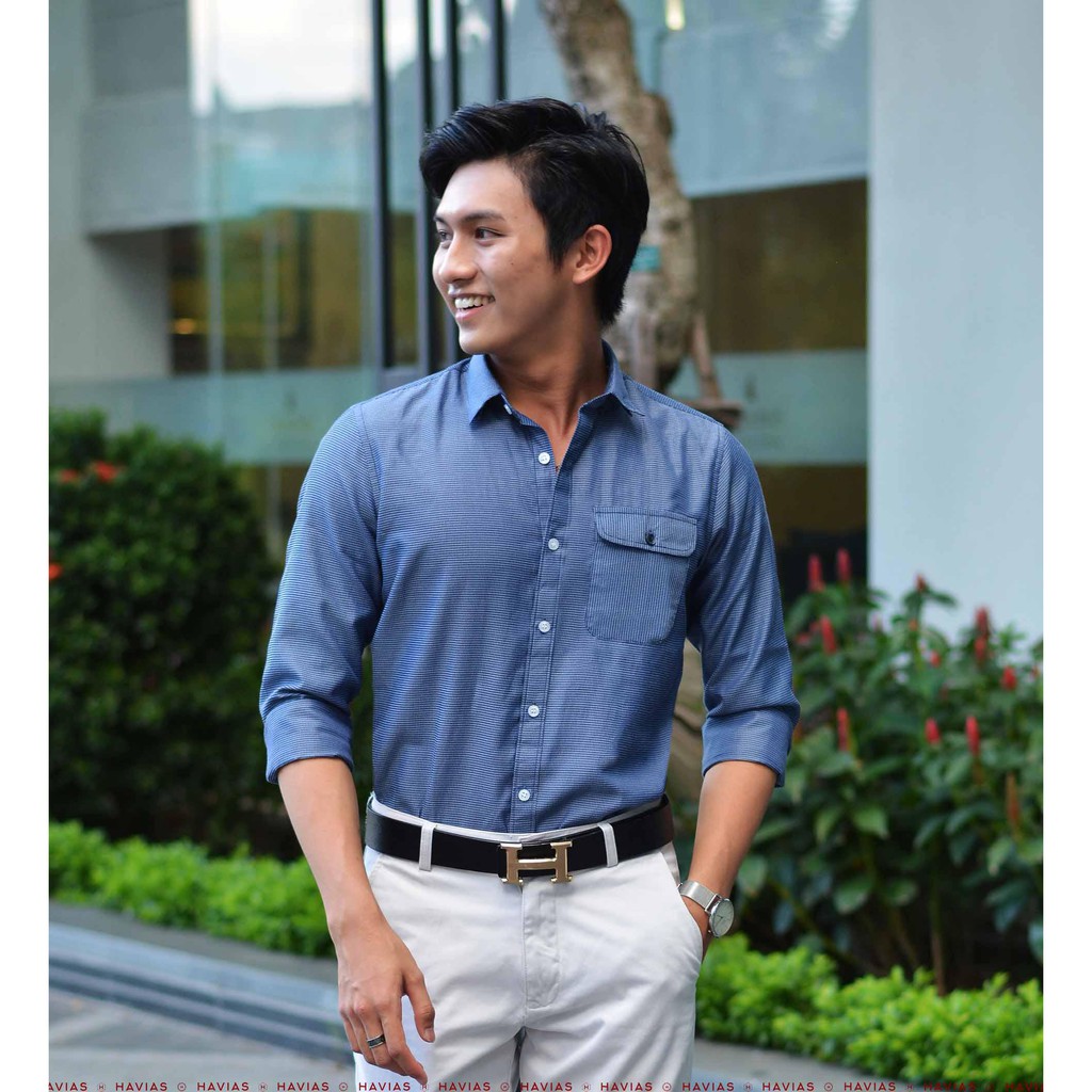 Premium Rippled Dark Blue Shirt HAVIAS sơ mi tay dài có túi vải sợi Bamboo