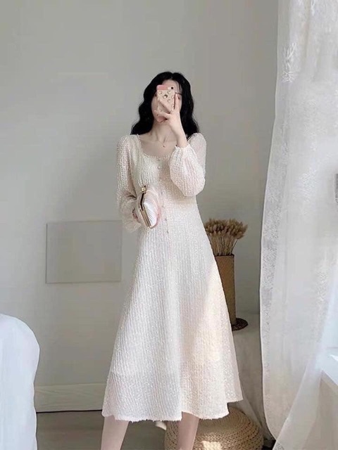 Váy vintage  [ KÈM VIDEO ẢNH THẬT] - Váy cổ vuông màu trắng sữa đính ngọc dáng dài order | BigBuy360 - bigbuy360.vn