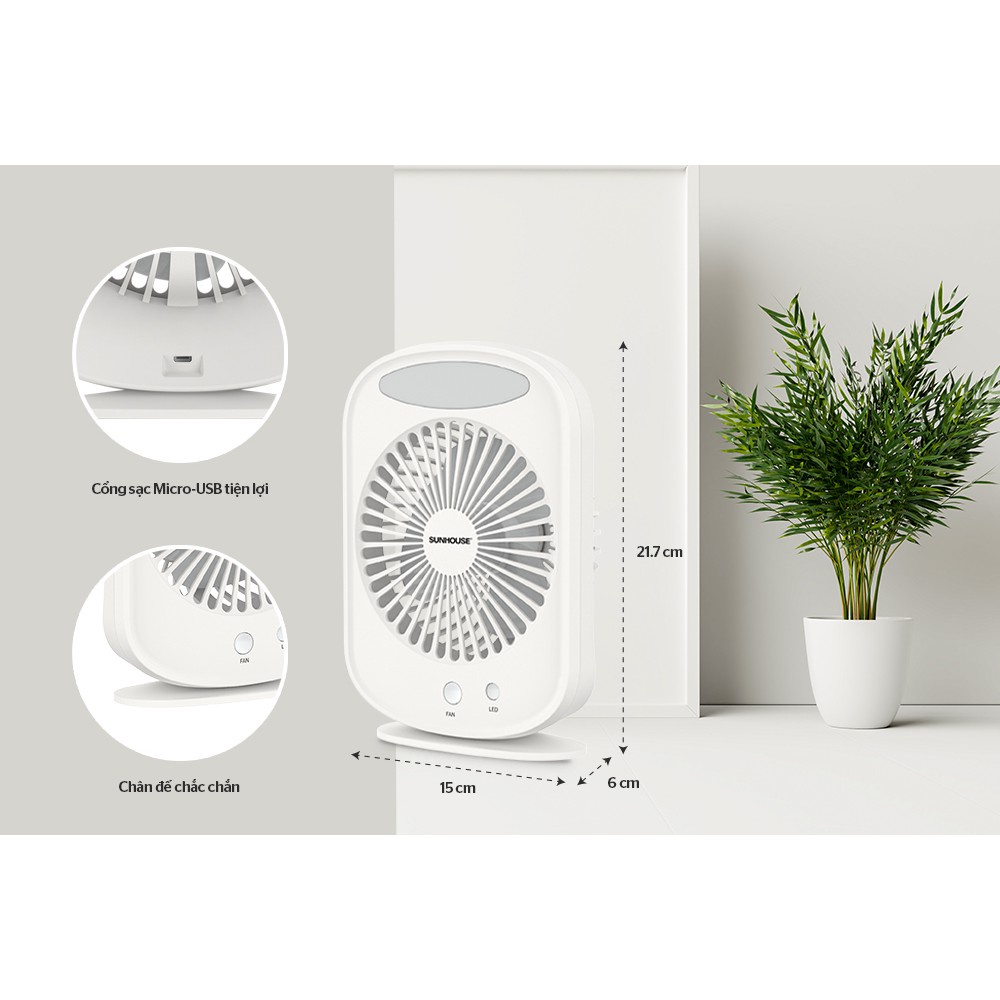 Quạt tích điện mini Sunhouse SHD7110, công suất 7W, tích hợp đèn ngủ, 3 tốc độ, bảo hành 12 tháng
