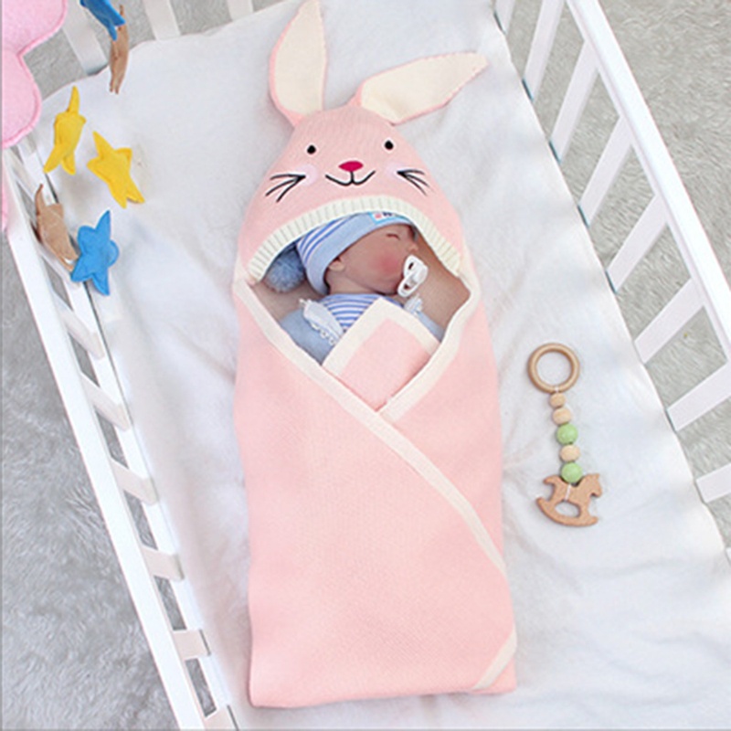 Chăn Quấn Em Bé Bằng Len Hình Tai Thỏ Hoạt Hình 3D Dễ Thương