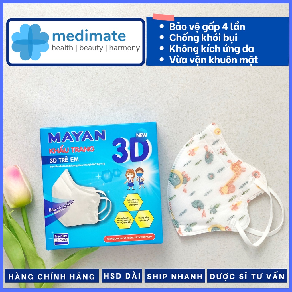 Khẩu trang MAYAN 3D chống khói bụi, không kích ứng da, vừa vặn khuôn mặt cho trẻ em (hộp 10 cái)