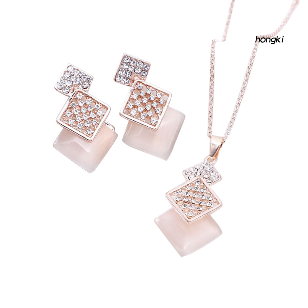 Set Vòng cổ Và Bông Tai Đính Đá Opal Hình Vuông