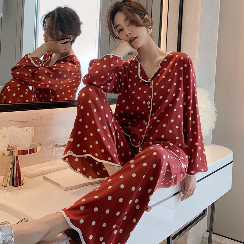 Bộ đồ ngủ pijama lụa cao cấp quần dài tay dài chấm bi viền màu chất lụa đẹp cao cấp