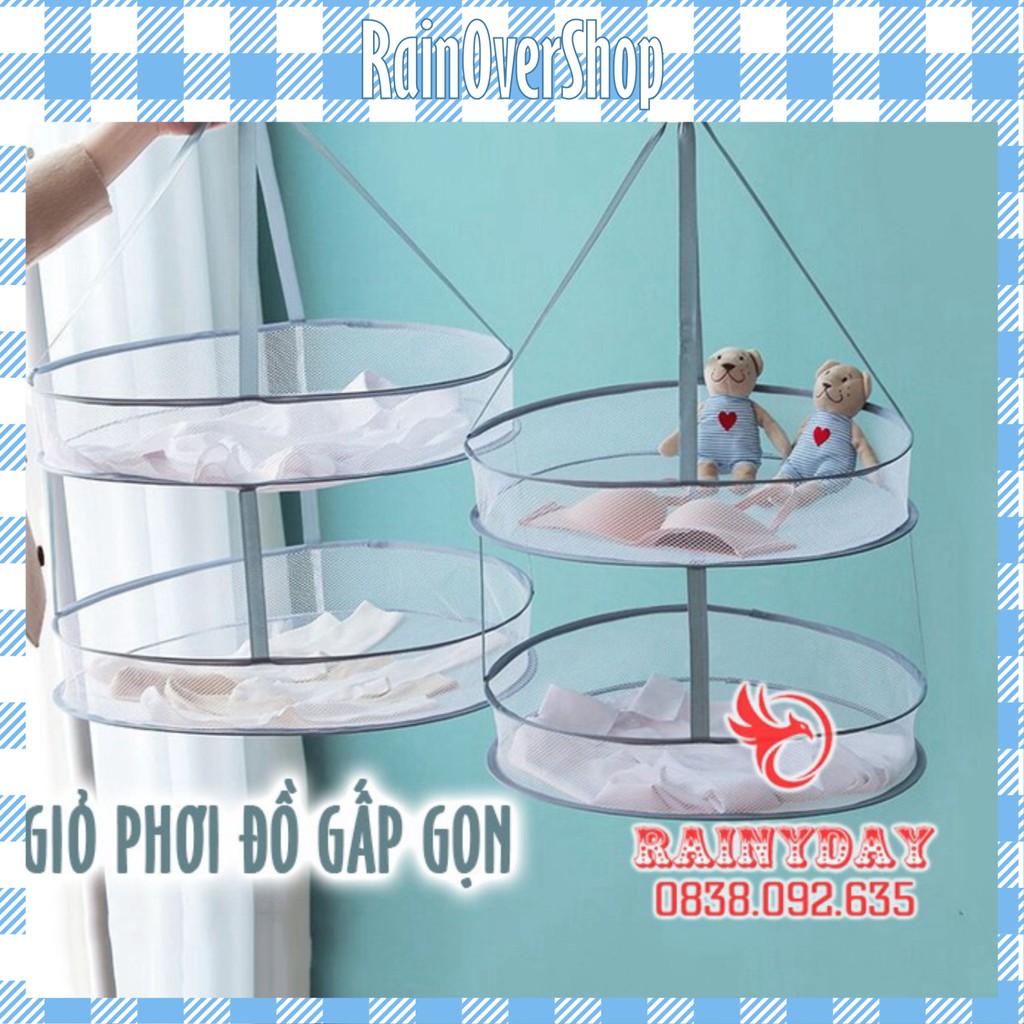Giỏ móc treo phơi đồ lót tất cho em bé đa năng bằng vải lưới 2 tầng gấp gọn thông minh tiện lợi
