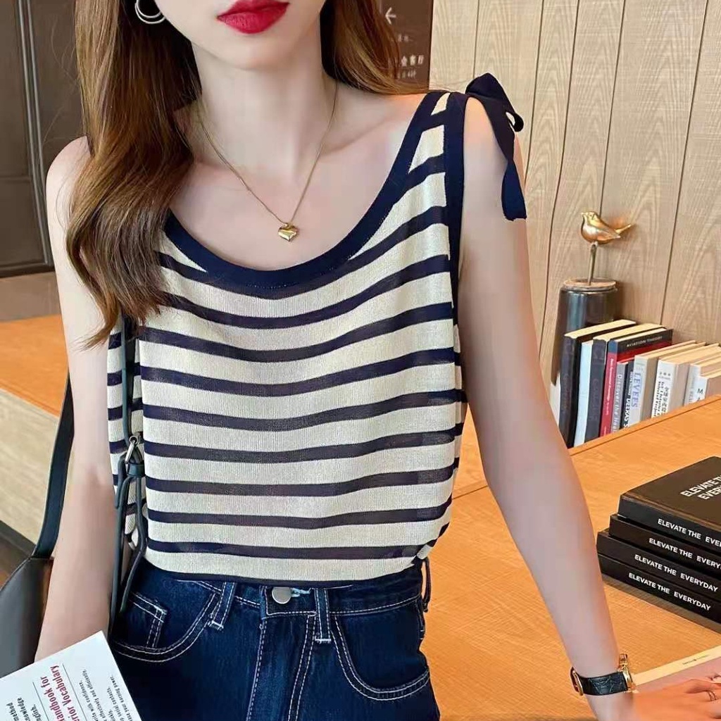 SUXI Áo Tank Top Dệt Kim Dáng Rộng Sát Nách Kẻ Sọc Đính Nơ Thời Trang Mùa Hè Cho Nữ