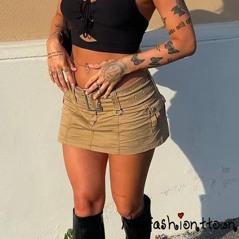 ღtwღWomen´s Belted Mini Skirt, Mid Waist Solid Color Bodycon Short Skirt with Flap Pockets