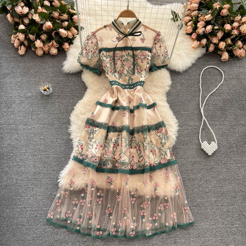 Váy cổ nơ ngắn tay ren lưới thêu hoa cổ điển cao cấp (Ảnh thật)(Hàng oder chuẩn hình 100%) 220521