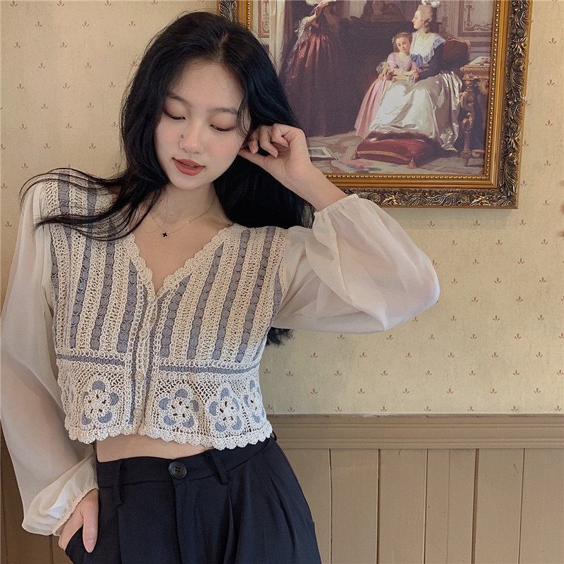 Áo croptop dài tay phối kiểu len đan vintage xinh