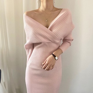 váy/đầm len ôm body cánh dơi cổ v cực sang