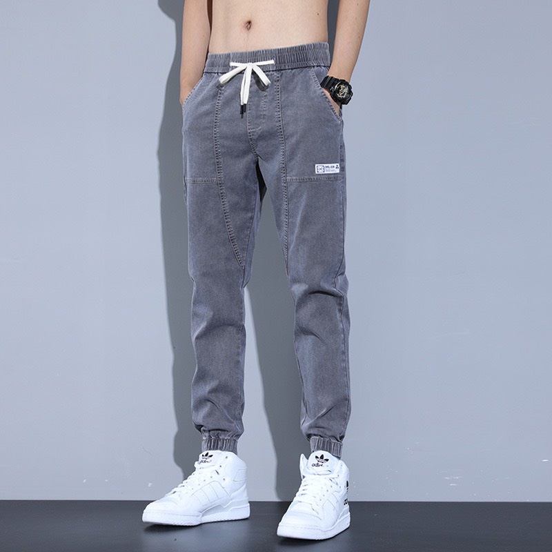 Quần jogger jean bò chun gấu 2 màu xanh xám basic phong cách Hàn Quốc đủ size nam 28-32