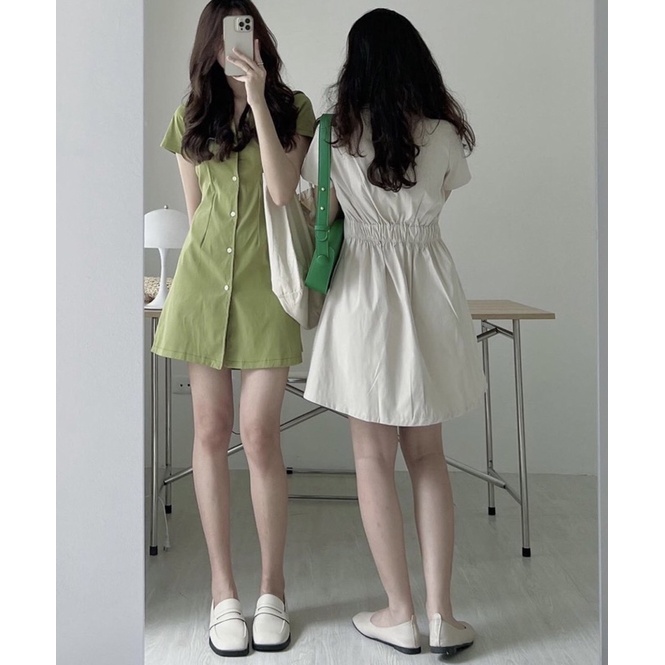 VÁY CỔ VEST 6 MÀU BO CHUN SAU Váy Sơ mi Chiết Eo Lưng Chun Phong Cách Ulzzang