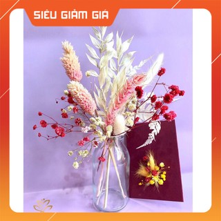 Lọ hoa khô decor để bàn từ hoa đuôi thỏ và bibi hồng- ảnh thật hàng thật, nhận thiết kế riêng