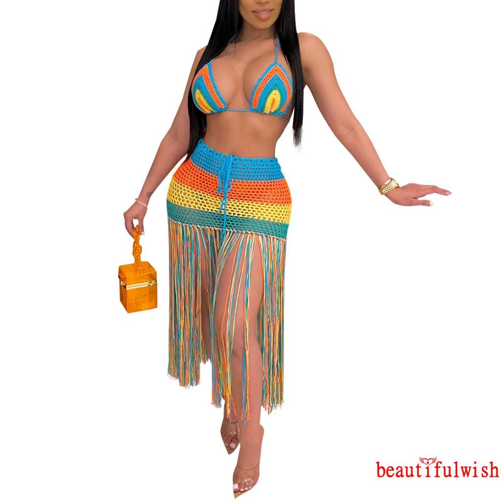 Bộ bikini cổ chữ V họa tiết kẻ sọc phối tua rua dài thời trang quyến rũ cho nữ
 | BigBuy360 - bigbuy360.vn