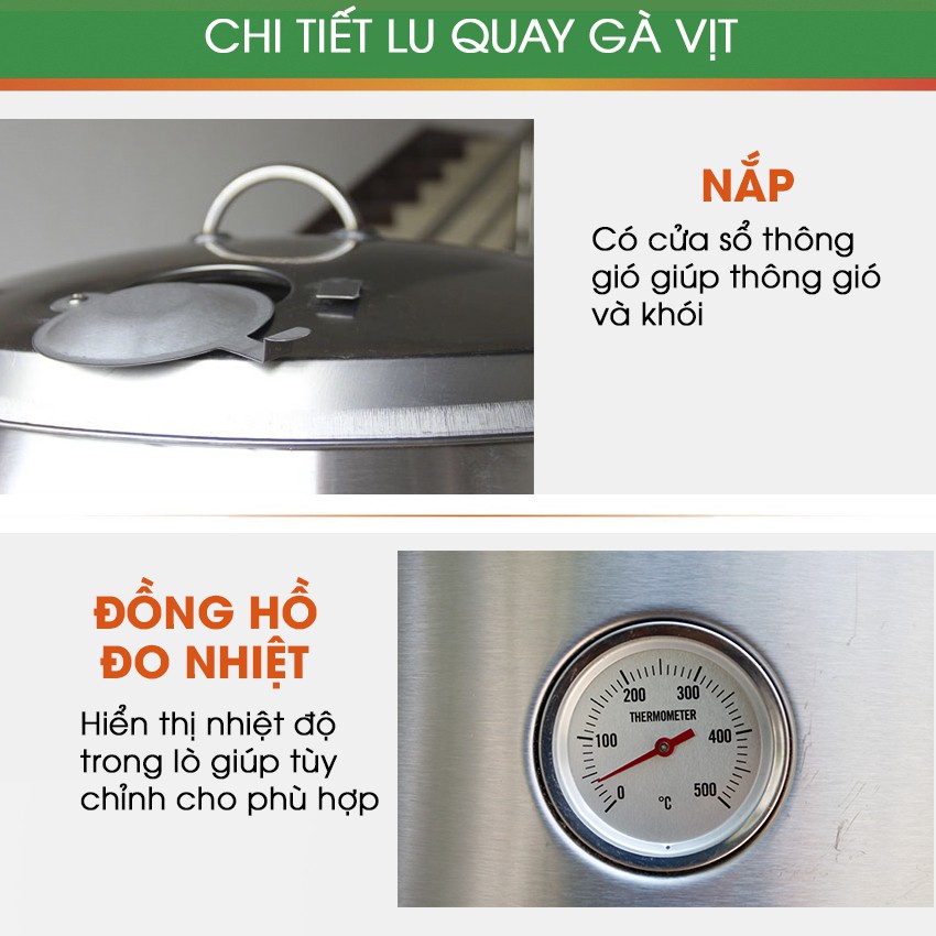 Lu quay vịt, Lò quay gà vịt inox NEWSUN bằng than phi 80 - Bảo hành 12 tháng - Tặng 15 móc, 15 xiên lu quay gà vịt