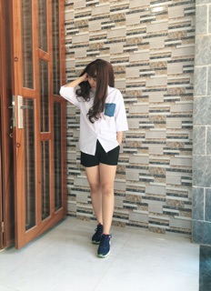 Sơ mi Thủy thủ trắng phối túi jean