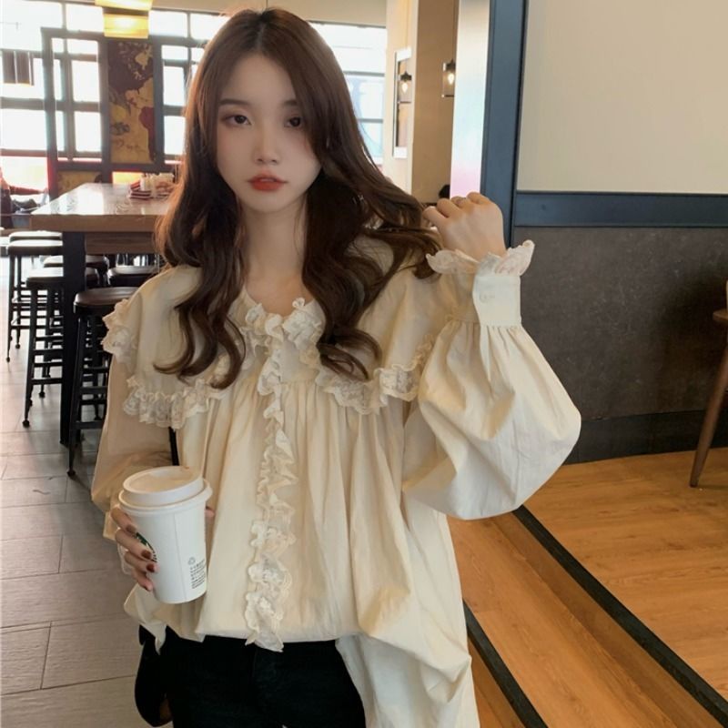 Áo Sơ Mi Cổ Búp Bê Phối Ren Màu Trơn Thời Trang Cho Nữ