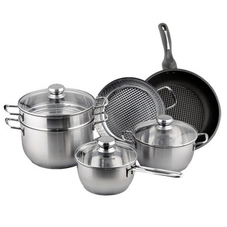 Bộ nồi inox và chảo chống dính 24cm inox 430 bếp từ 3 đáy FiveStar Standard, 6 món nắp kính.Tặng 1 vá canh inox