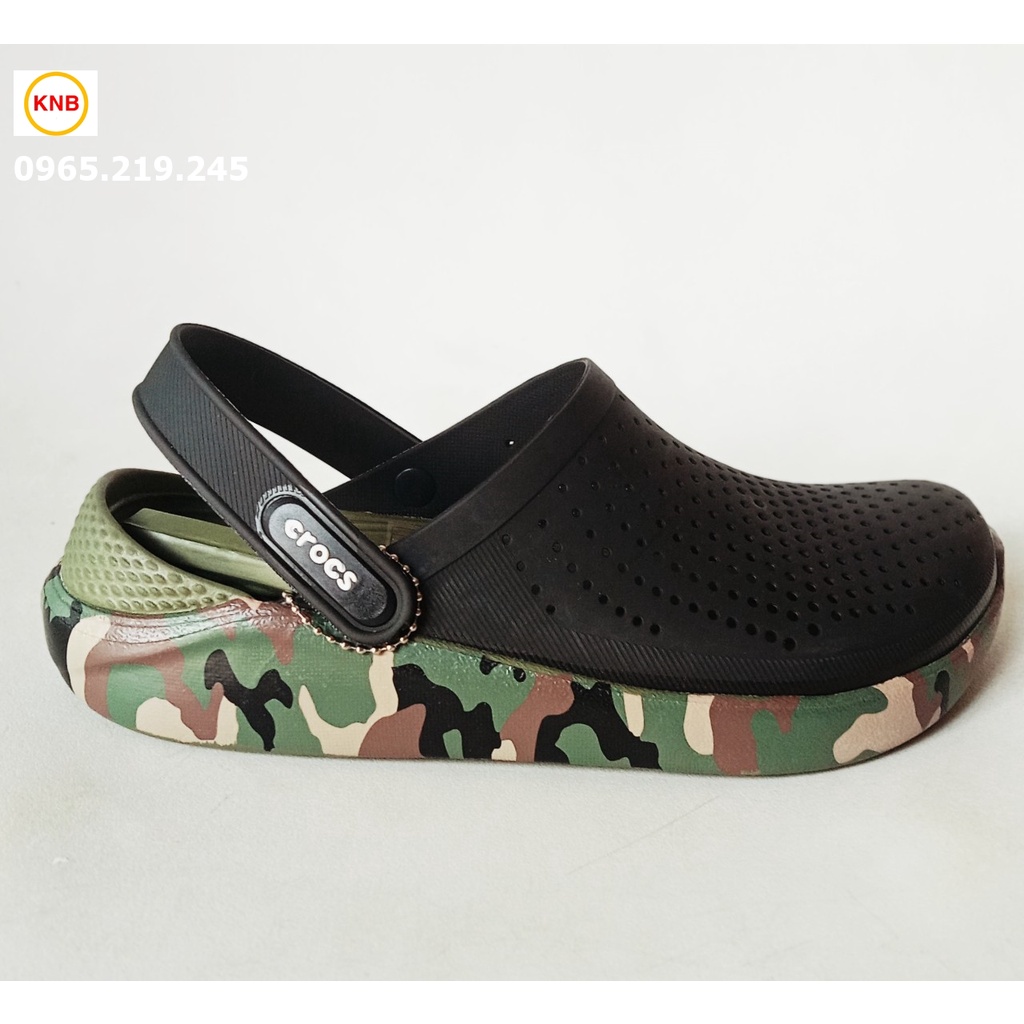 Dép Crocs Camo Đen đế vẩy sơn rêu, Sục Nam Nữ Literide Clog Camo Đi Mưa Cao Cấp - KNB hottrend