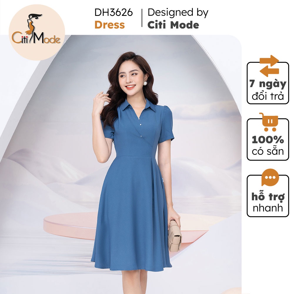 Đầm xoè xanh cổ đức cúc ngực DH3626