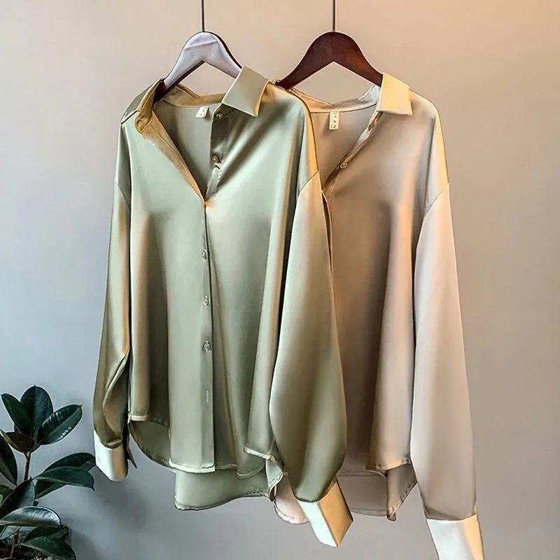 Áo sơ mi satin dệt kim dài tay thiết kế phong cách Hong Kong mùa xuân thu 2023 vintage cho nữ