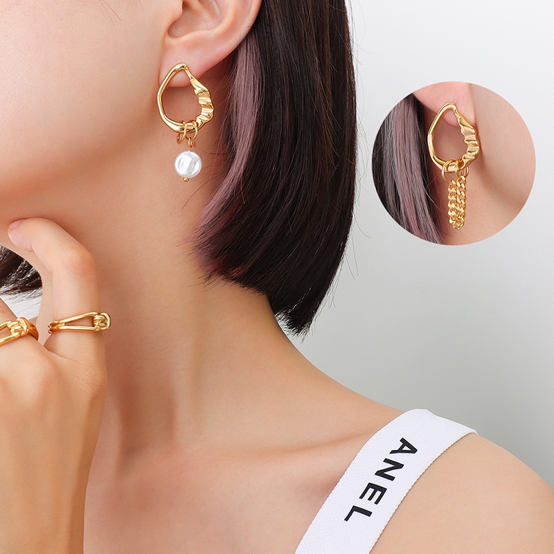 Bông Tai Bất Đối Xứng Hình Dáng Nhẹ, Thép Titan Mạ Vàng 18K Kiểu INS Của Pháp