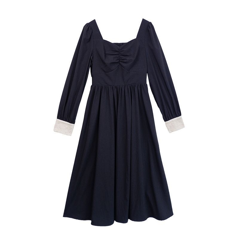 IELGY    Square Collar Stitching Hepburn Style Thin Women's Retro Dress