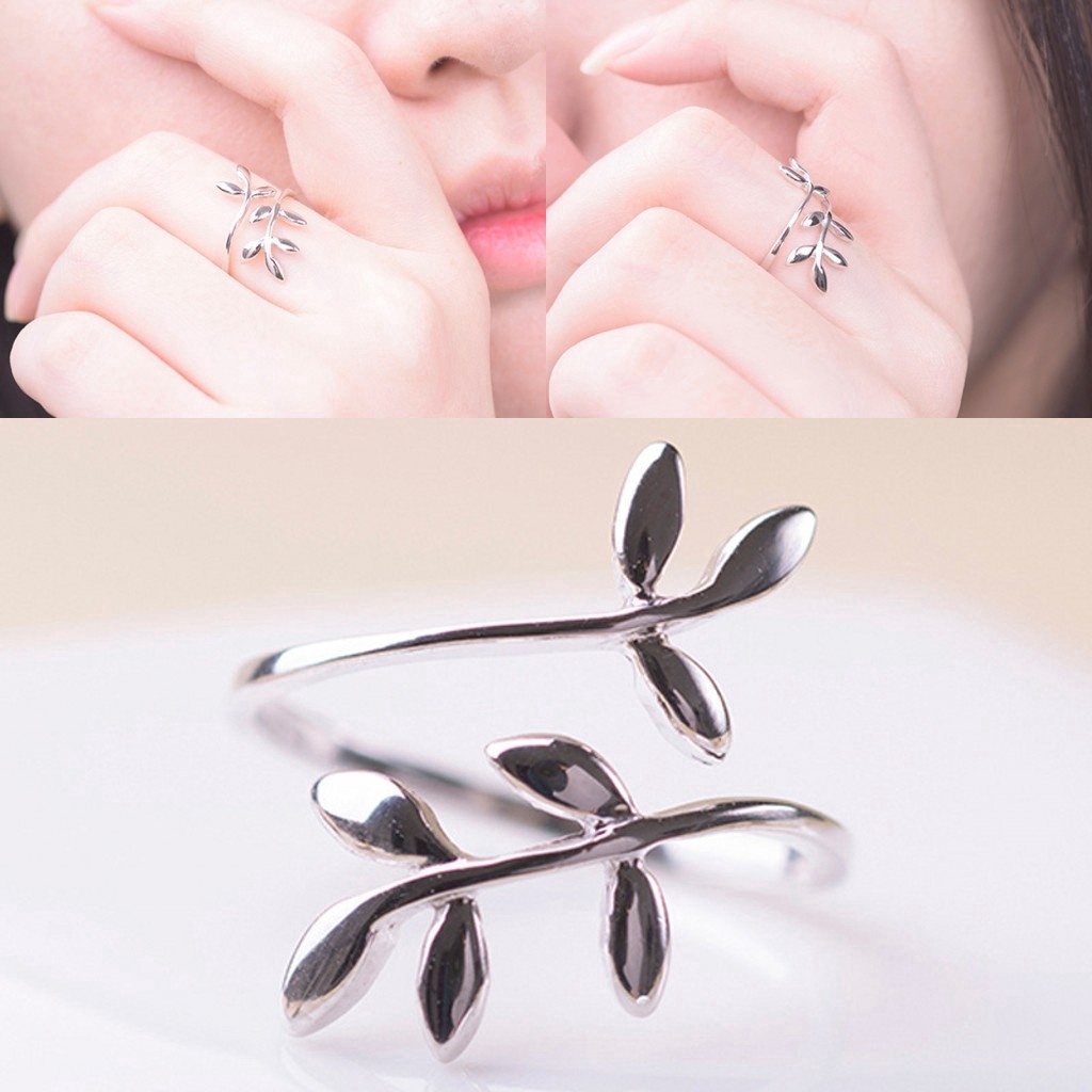 【Kifli】 Nhẫn dạng hở hình lá cây olive mạ vàng bạc