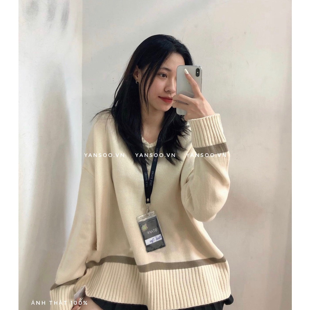 Áo len nữ cổ v from rộng Áo len cổ tim viền tay dài basic Hàn Quốc YANSOO