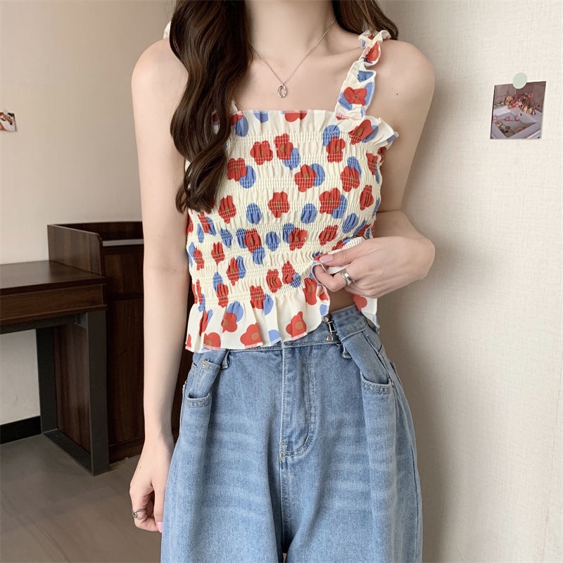 Áo Lửng Hai Dây Dáng Ôm In Họa Tiết Hoa Thời Trang Mùa Hè Phong Cách Hàn Quốc Mới