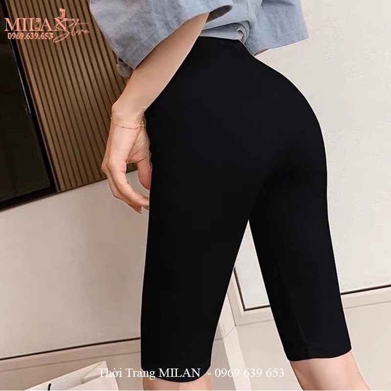 Quần legging lửng nữ trên gối cạp cao gen bụng dáng quần legging ngố đùi ôm bó lưng thun vải cotton co giãn tập gym yoga