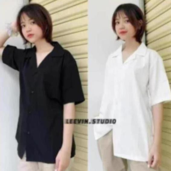 Áo sơ mi ngắn tay Nam Nữ Cổ Vest TRƠN trắng và đen - Kiểu sơ mi tay ngắn form rộ