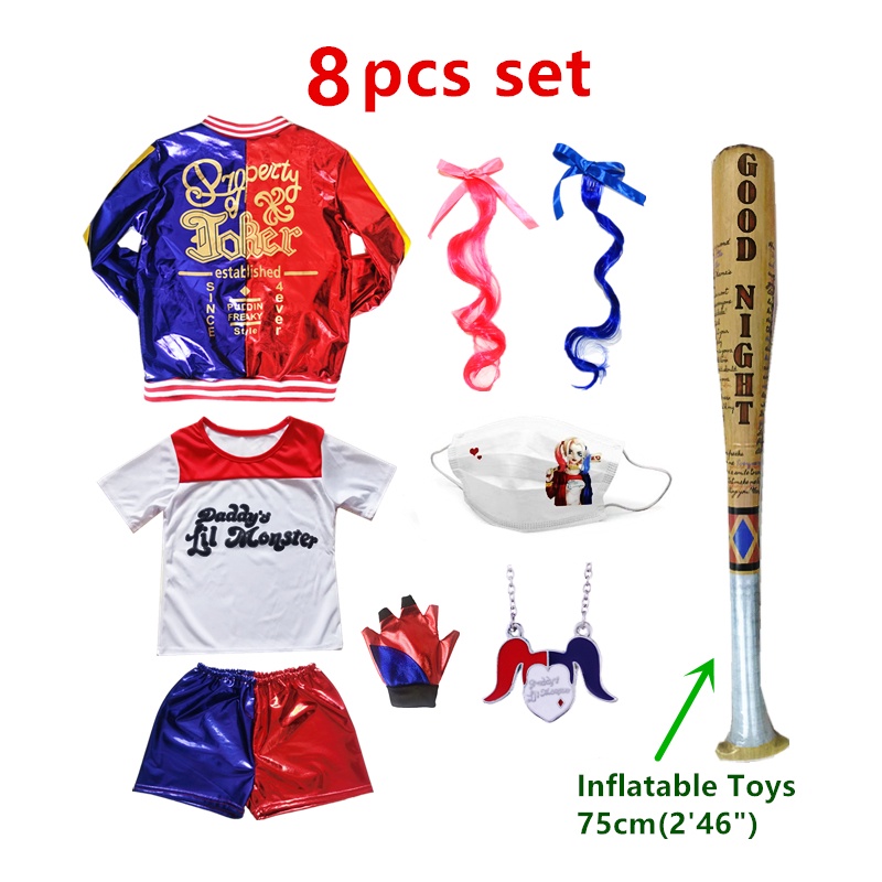 8 pices set Bộ trang phục Harley Quinn dành cho trẻ em Halloween Carnival Suicide Squad