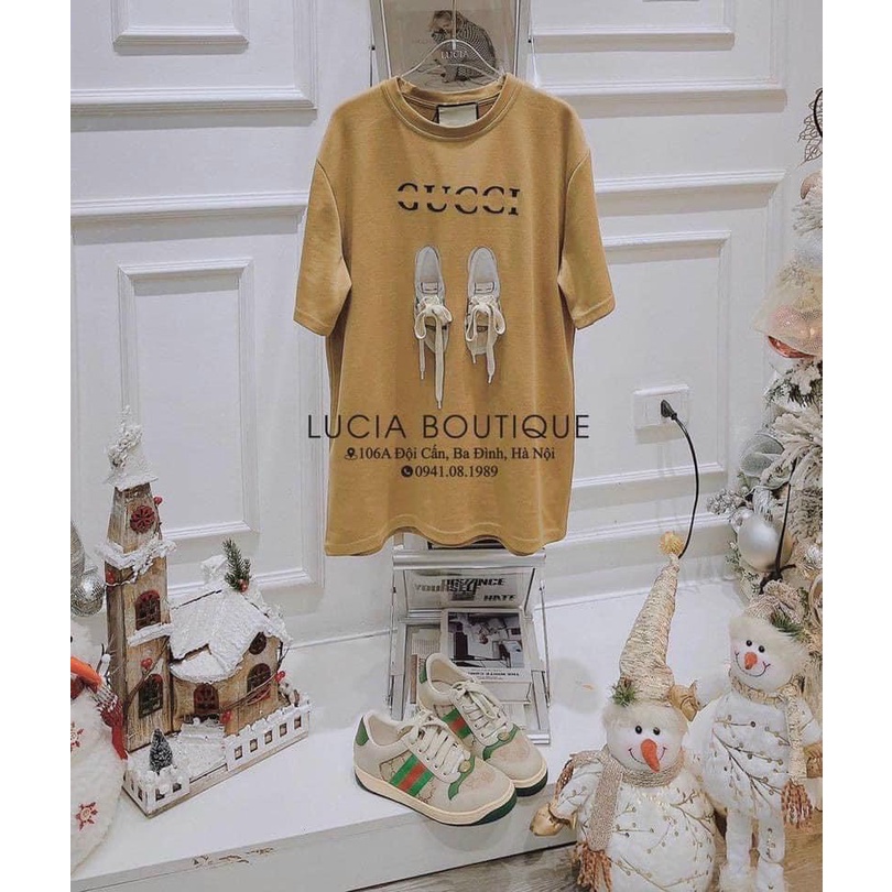 Áo Phông Gucci Tay Lỡ Áo Phông Unisex Form Rộng Chất Cotton Mát Mịn Thấm Hút Mồ Hôi In Hình Đôi Giày