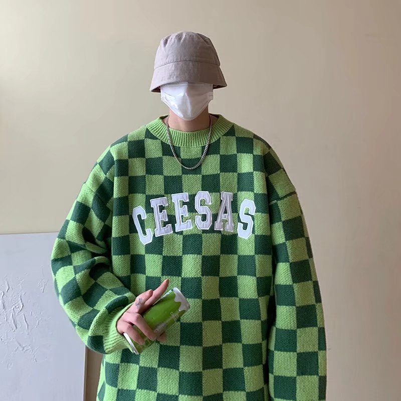 Áo sweater dệt kim cổ tròn tay dài dáng rộng in chữ thời trang thu đông cho nam size M-2XL