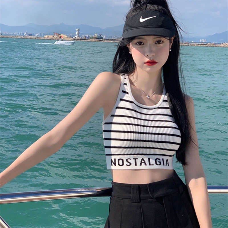Brroa Áo Croptop Dệt Kim Không Tay Kẻ Sọc In Chữ Phong Cách Thể Thao Thời Trang Mùa Hè Cho Nữ