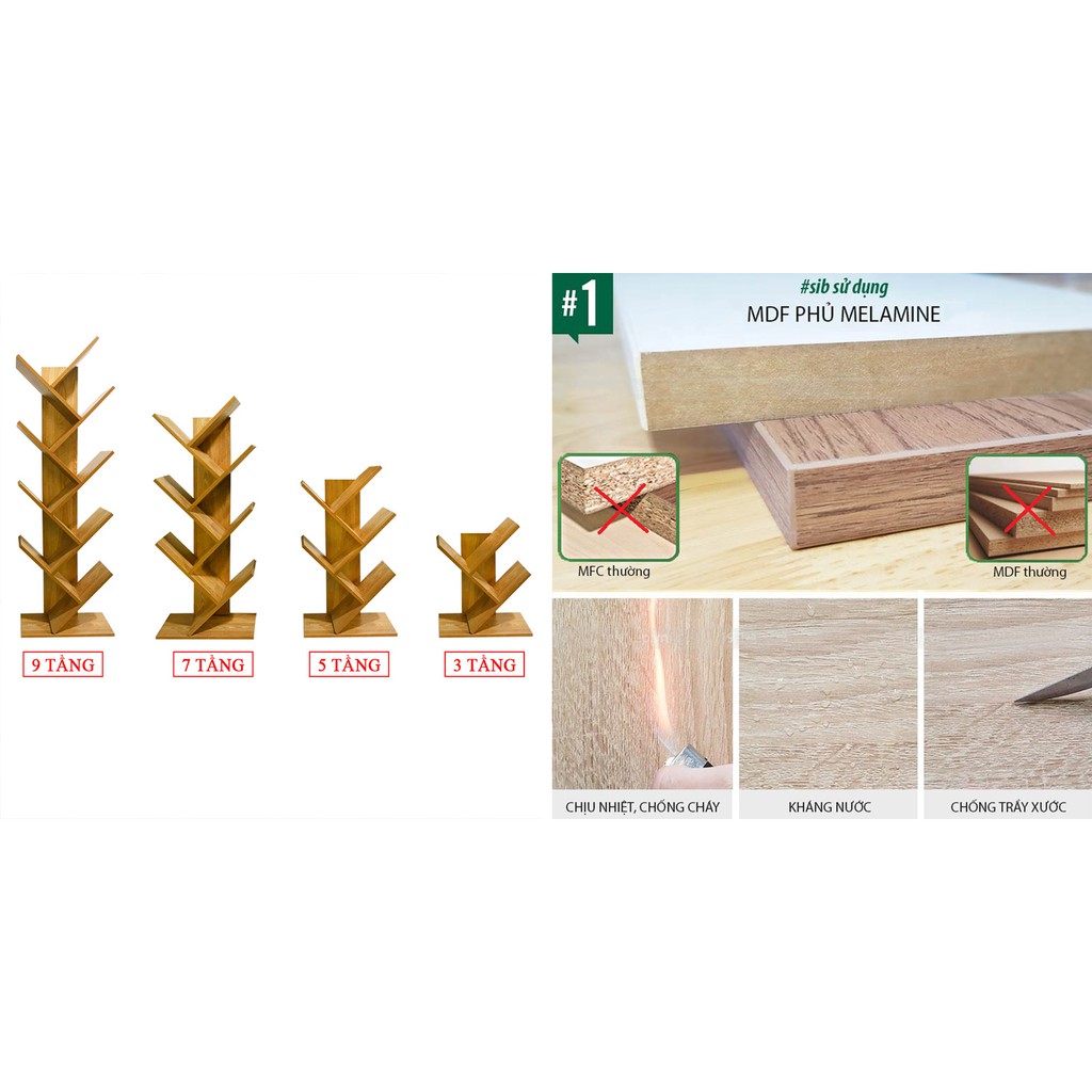 Kệ sách hình cây 5 tầng KS105 (Trắng | Trắng đen | Đen | Vân gỗ) ( Gỗ ép chống nước )