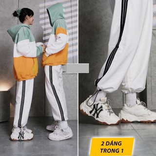 Quần Jogger thun Nam Nữ Unisex ống suông  quần dài ống rộng phối 3 sọc trắng, đen có dây rút mềm mịn, không nhăn