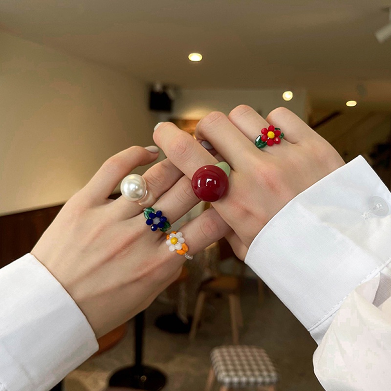 Nhẫn dạng chuỗi hạt phối mặt hình bông hoa bằng đá nhiều màu sắc phong cách vintage