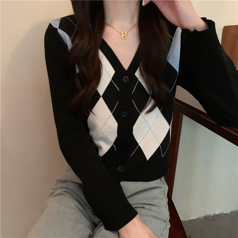 Áo khoác cardigan tay dài cổ chữ V họa tiết hình thoi thiết kế thời trang mùa thu phong cách Hàn Quốc cho nữ | BigBuy360 - bigbuy360.vn