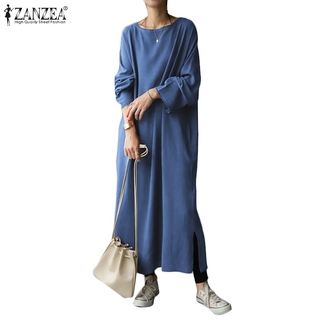 ZANZEA Đầm Maxi Tay Dài Xẻ Tà Thời Trang Dành Cho Nữ