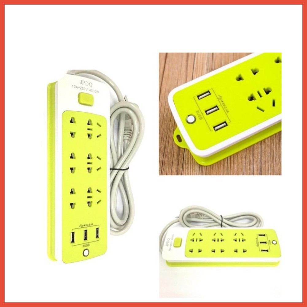 Ổ Điện Xanh Đa Năng Chống Giật 6 Lỗ, 3 Cổng USB, Đa Năng Tiện Dụng 5.0