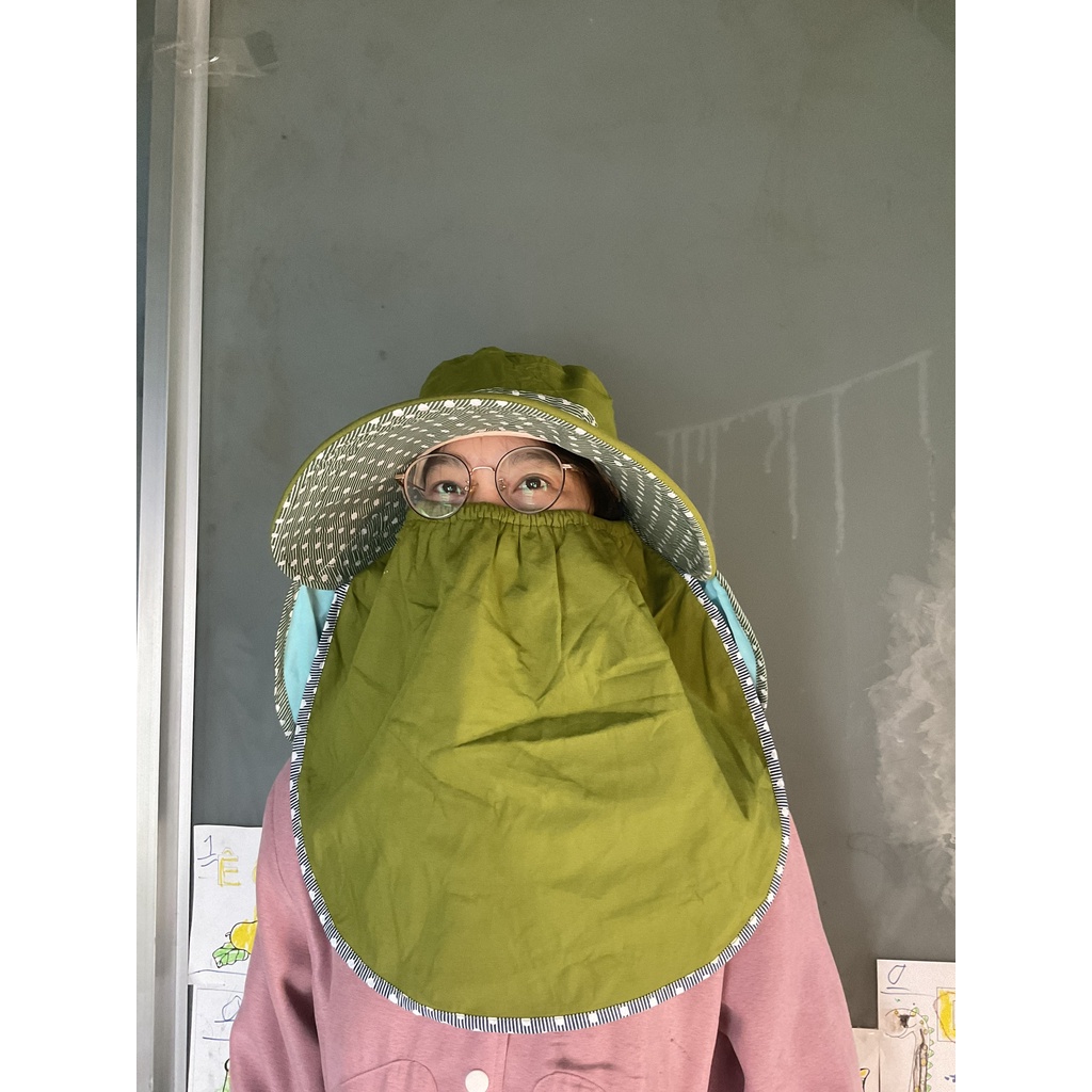 Khẩu trang nón Duy Ngọc vành rộng che vai và cổ chất liệu cotton màu thiết kế thích hợp đi biển dã ngoại