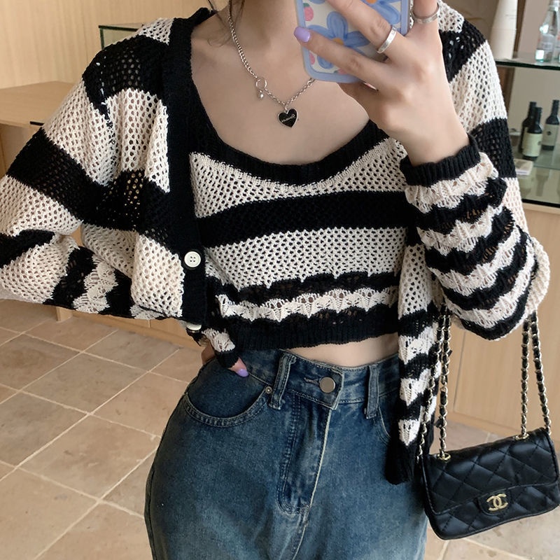 Set Áo Dây Dệt Kim Họa Tiết Kẻ Sọc Và Áo Khoác cardigan Thời Trang Nữ Tính